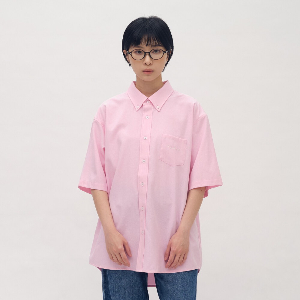PLAIN刺繡素面口袋短袖襯衫