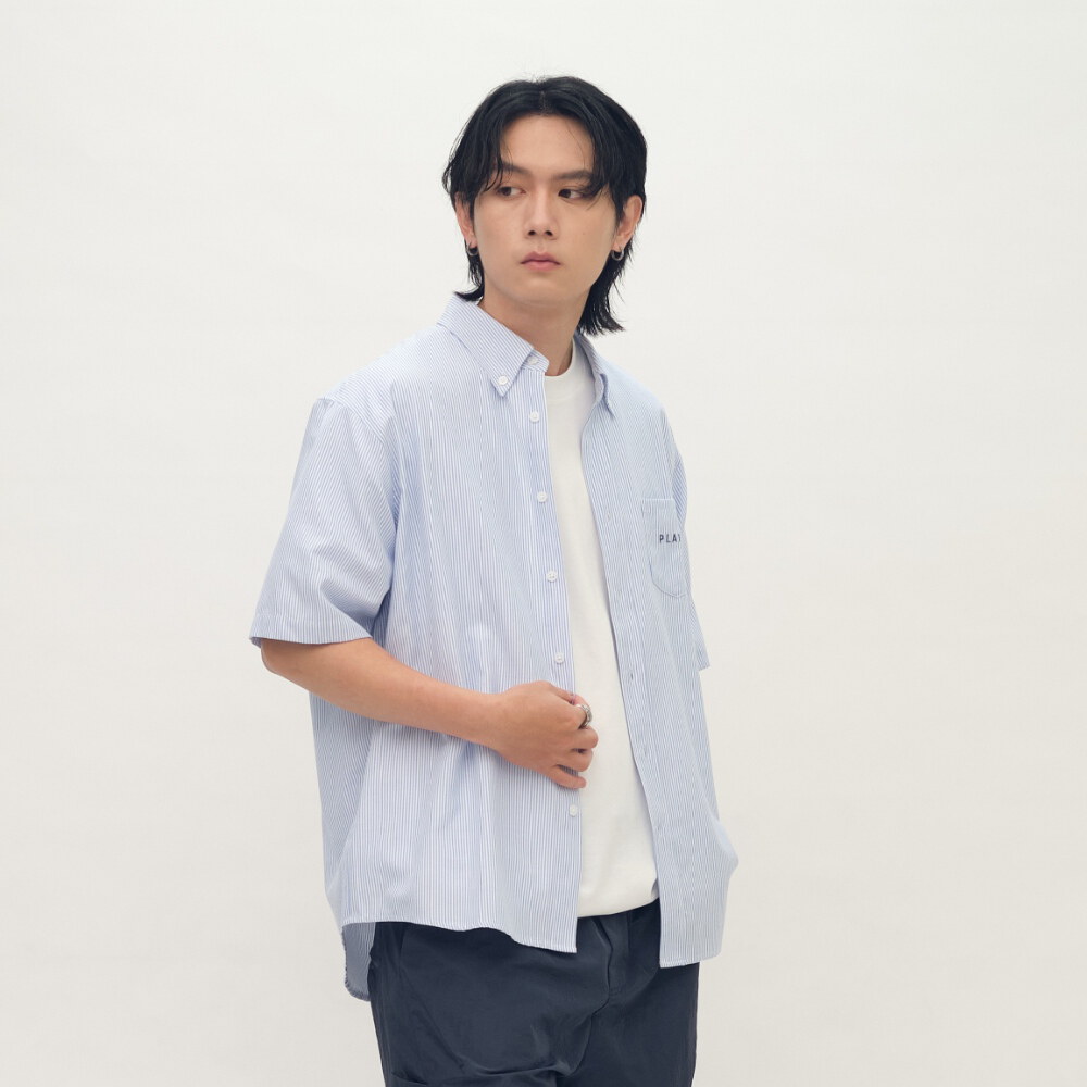 PLAIN刺繡條紋口袋短袖襯衫