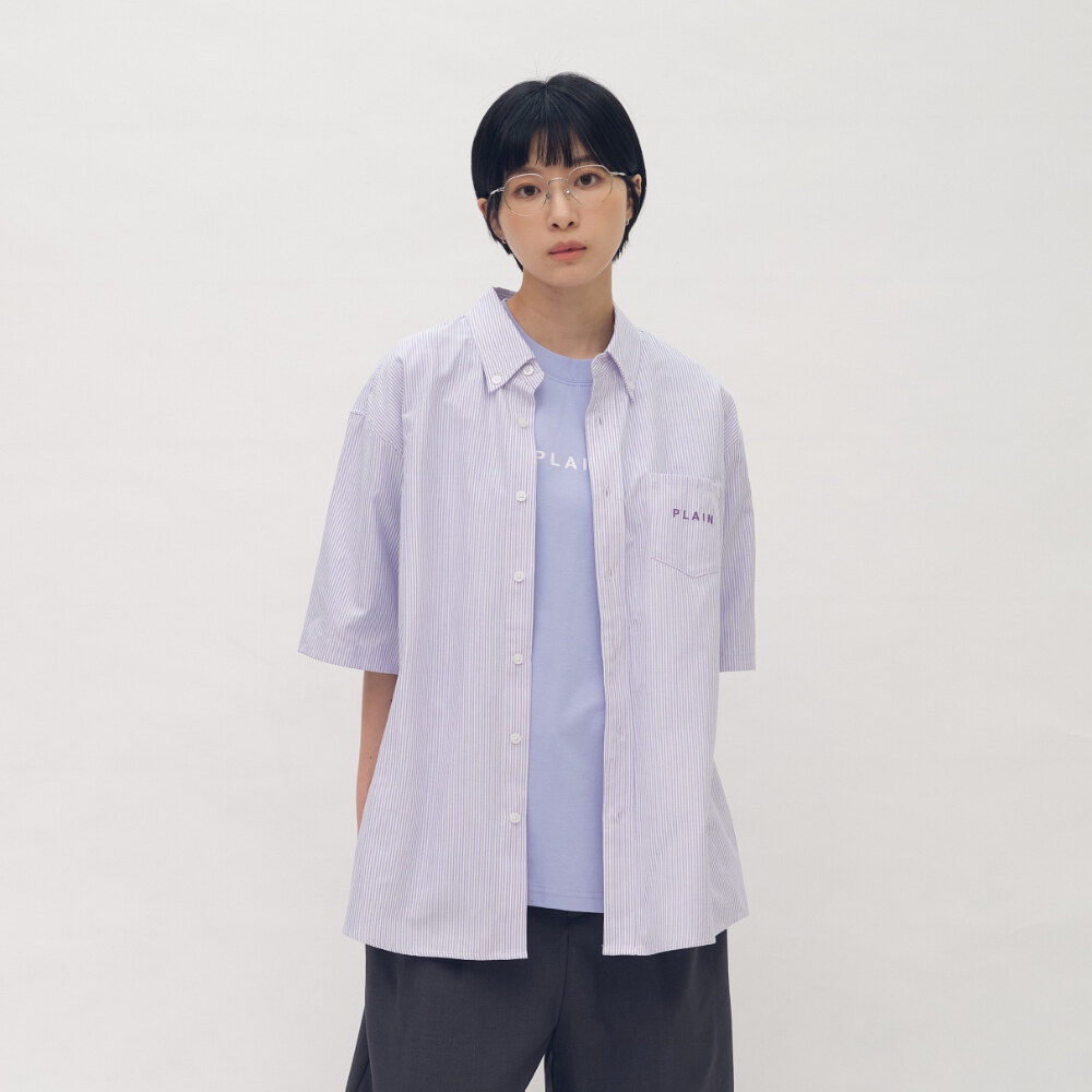 PLAIN刺繡條紋口袋短袖襯衫