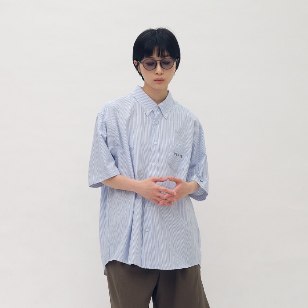 PLAIN刺繡條紋口袋短袖襯衫