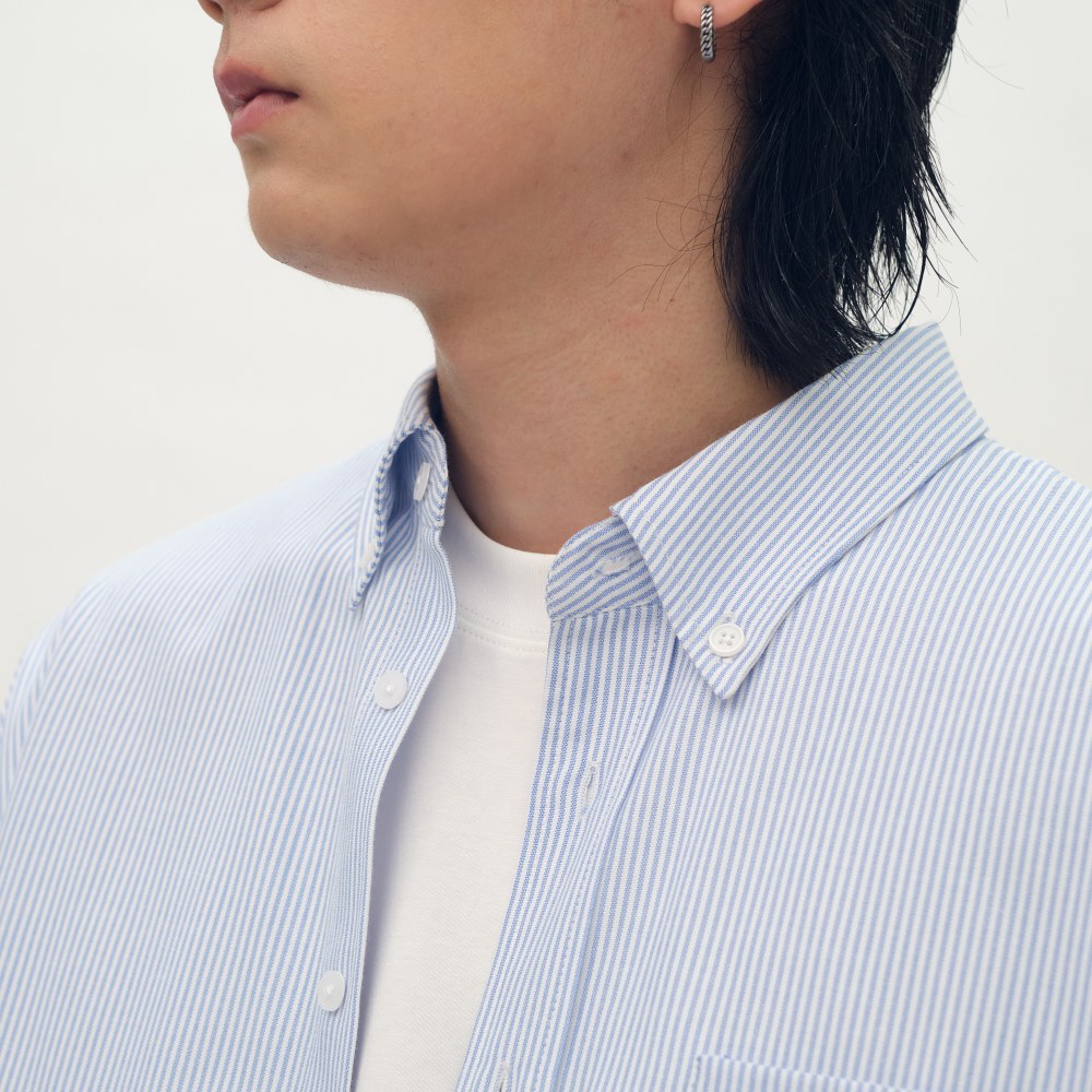 PLAIN刺繡條紋口袋短袖襯衫