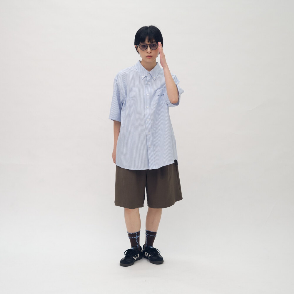 PLAIN刺繡條紋口袋短袖襯衫