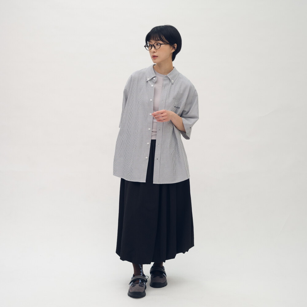 PLAIN刺繡條紋口袋短袖襯衫