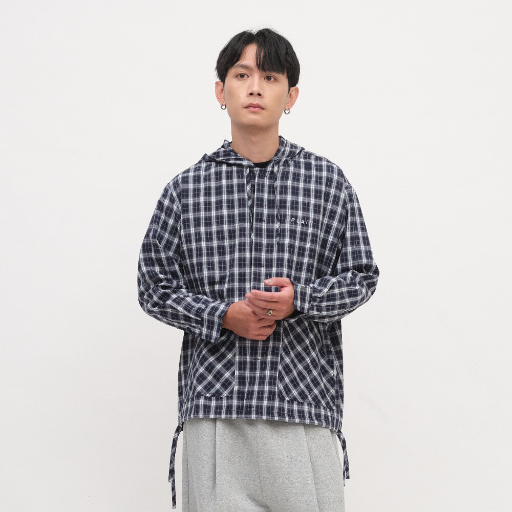 PLAIN連帽開襟格紋襯衫