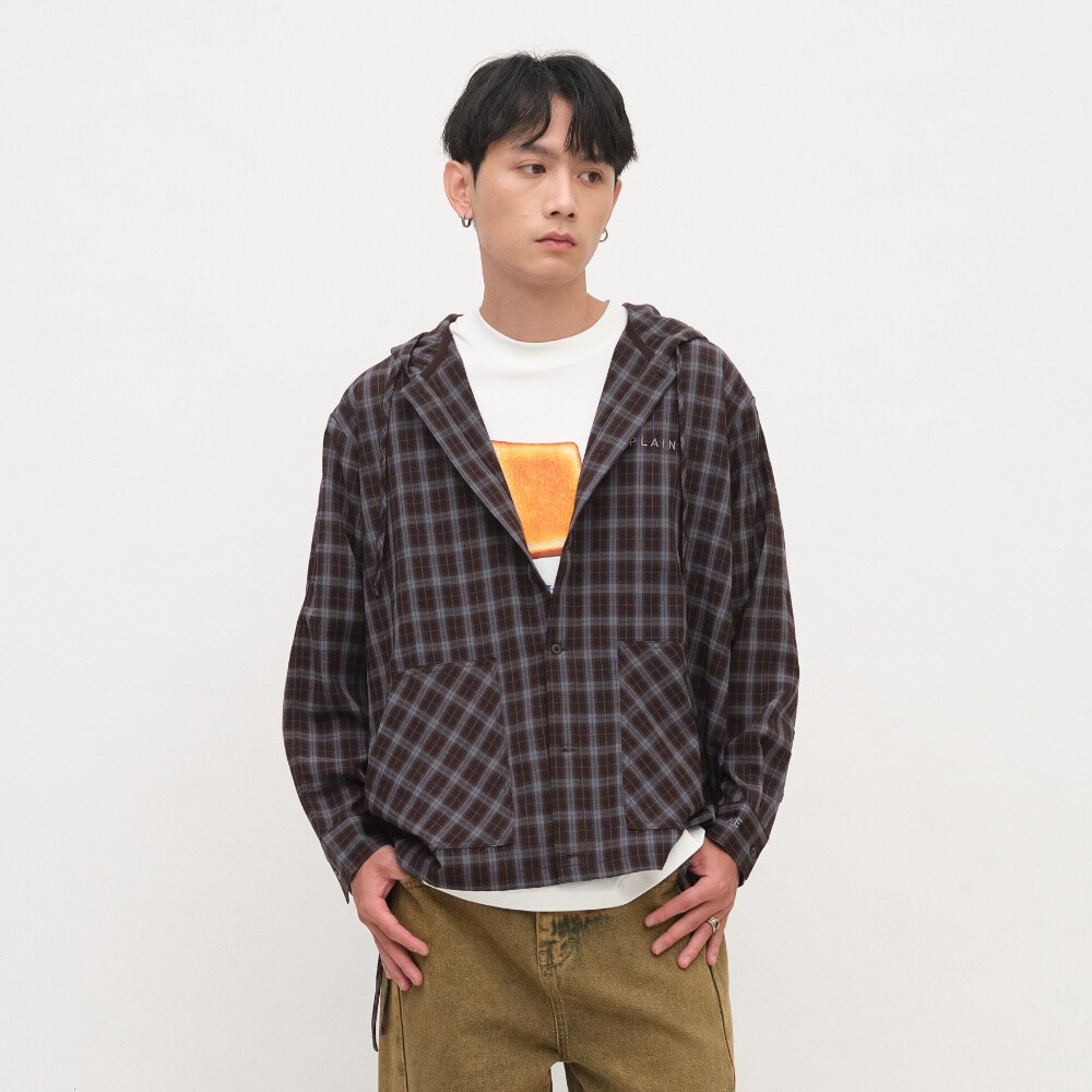PLAIN連帽開襟格紋襯衫
