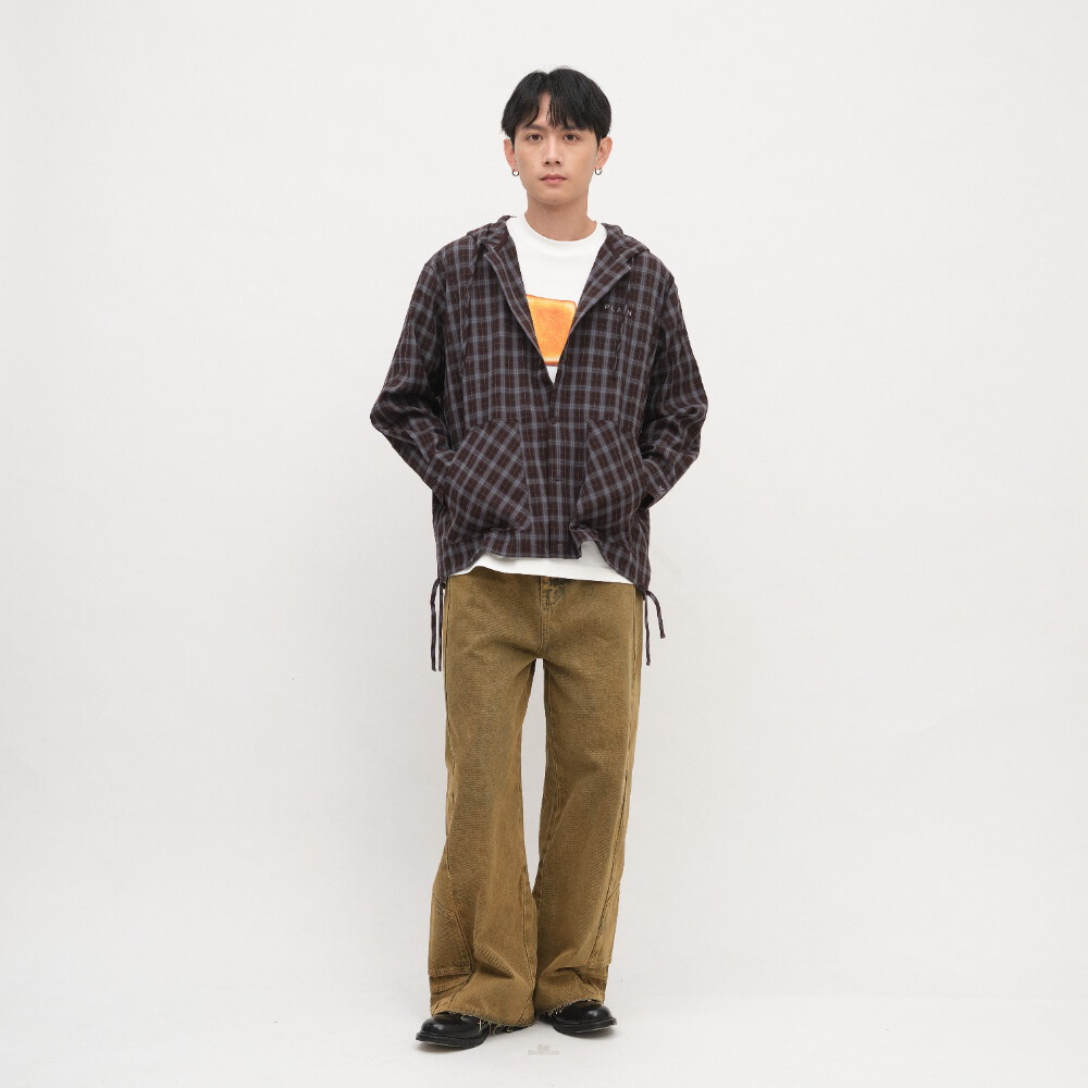 PLAIN連帽開襟格紋襯衫