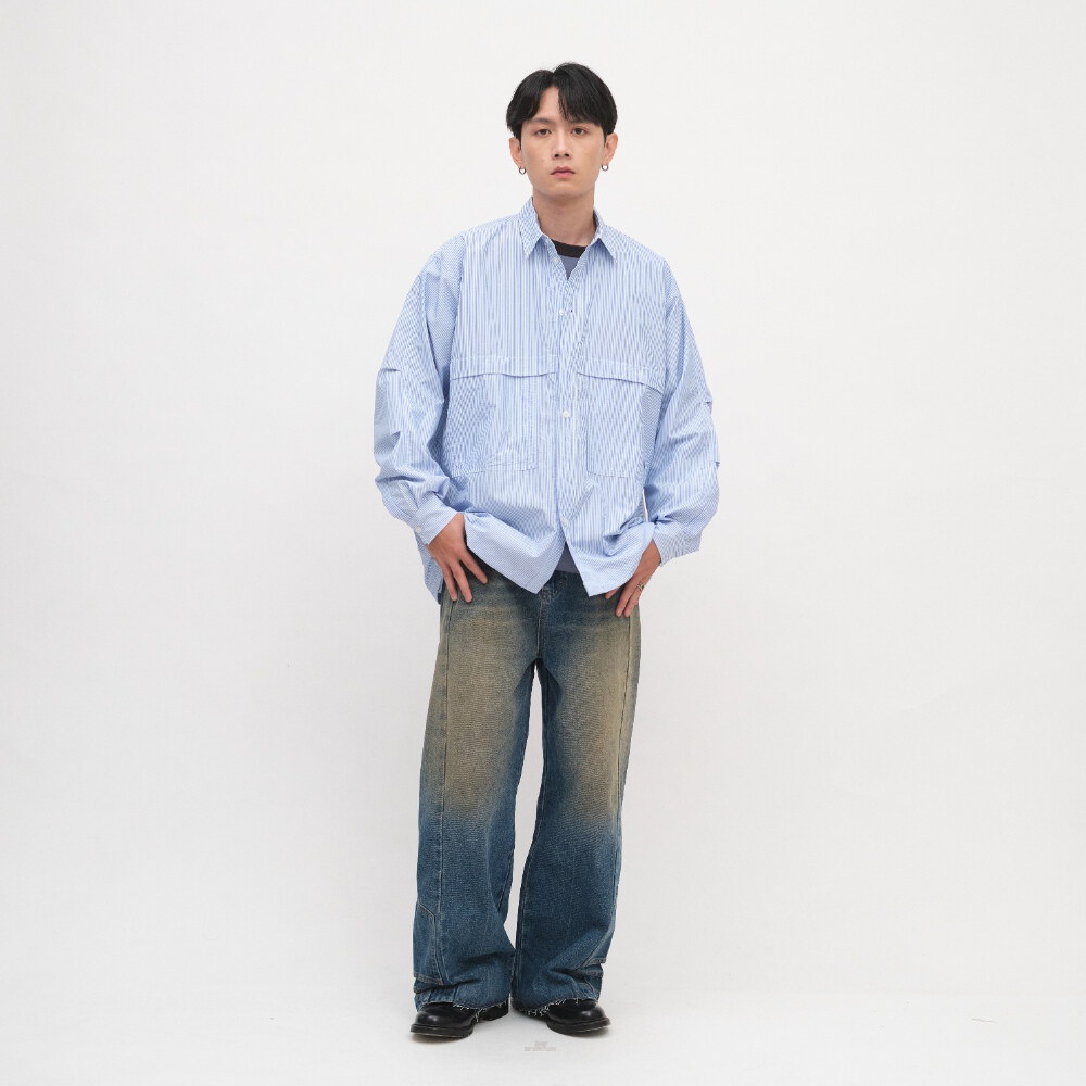 寬鬆條紋口袋襯衫