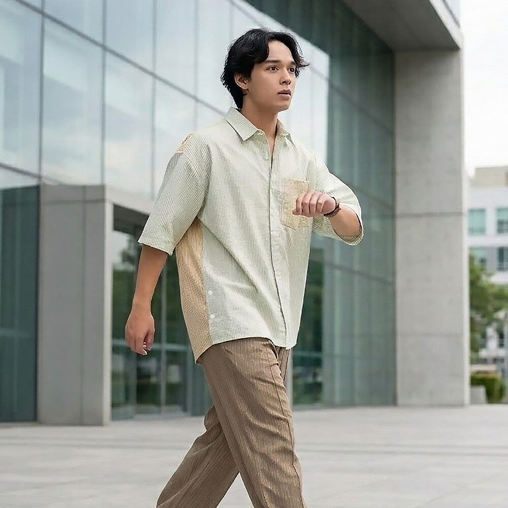 泡泡紗拼接條紋襯衫