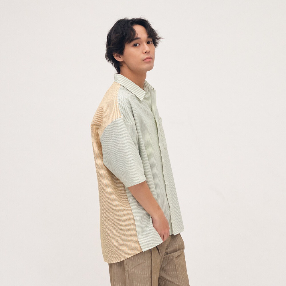 泡泡紗拼接條紋襯衫