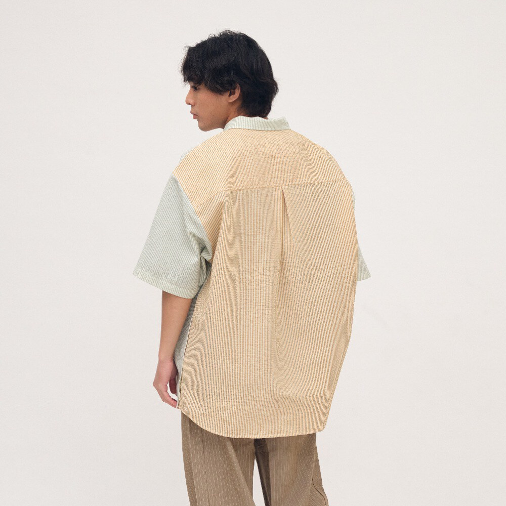 泡泡紗拼接條紋襯衫