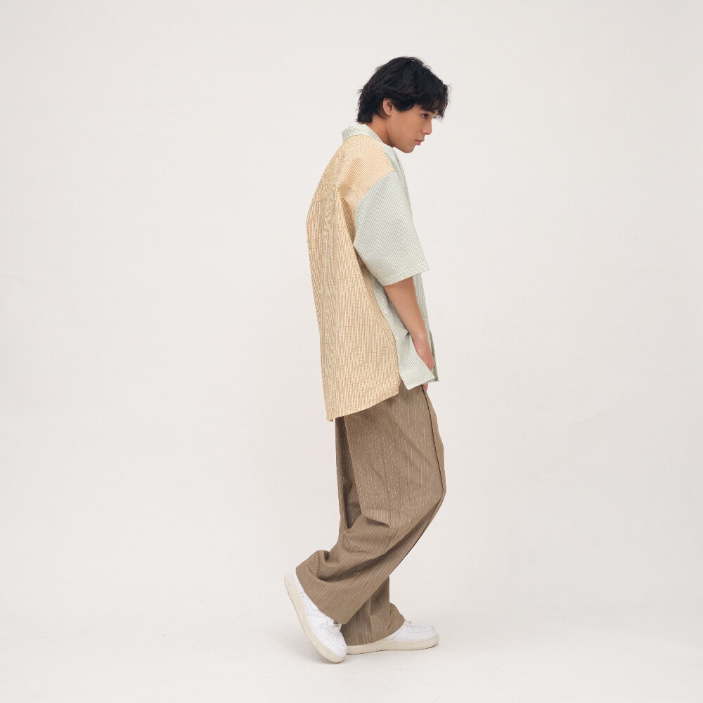泡泡紗拼接條紋襯衫