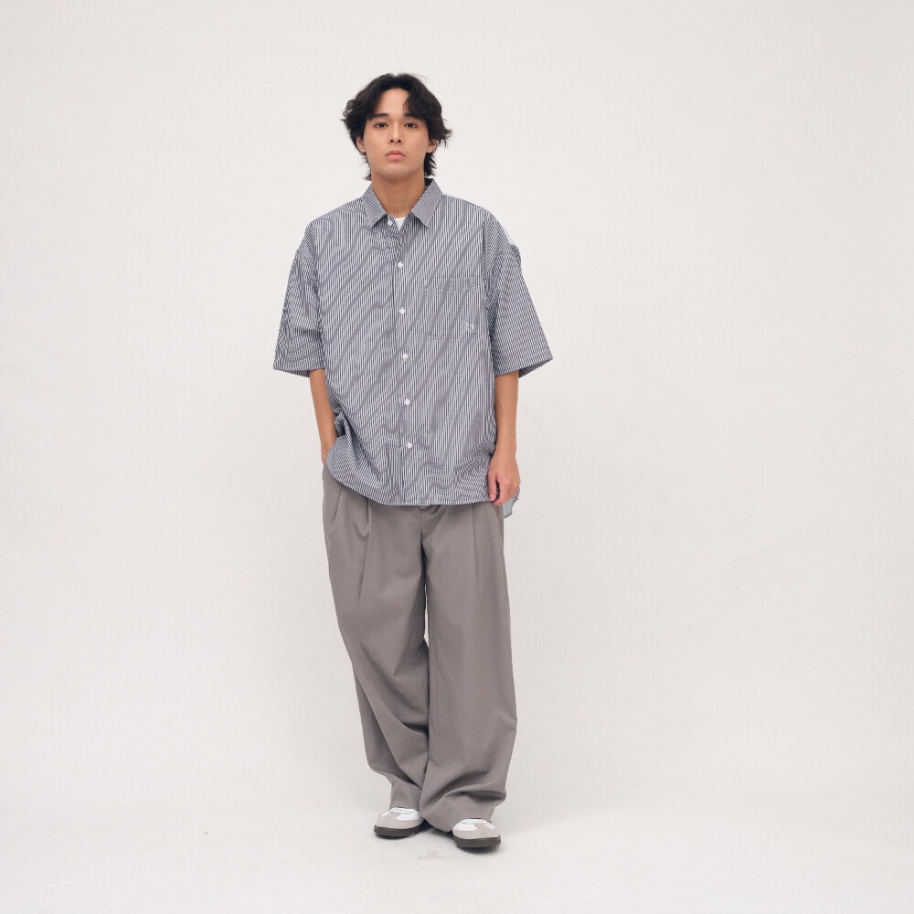 泡泡紗拼接條紋襯衫