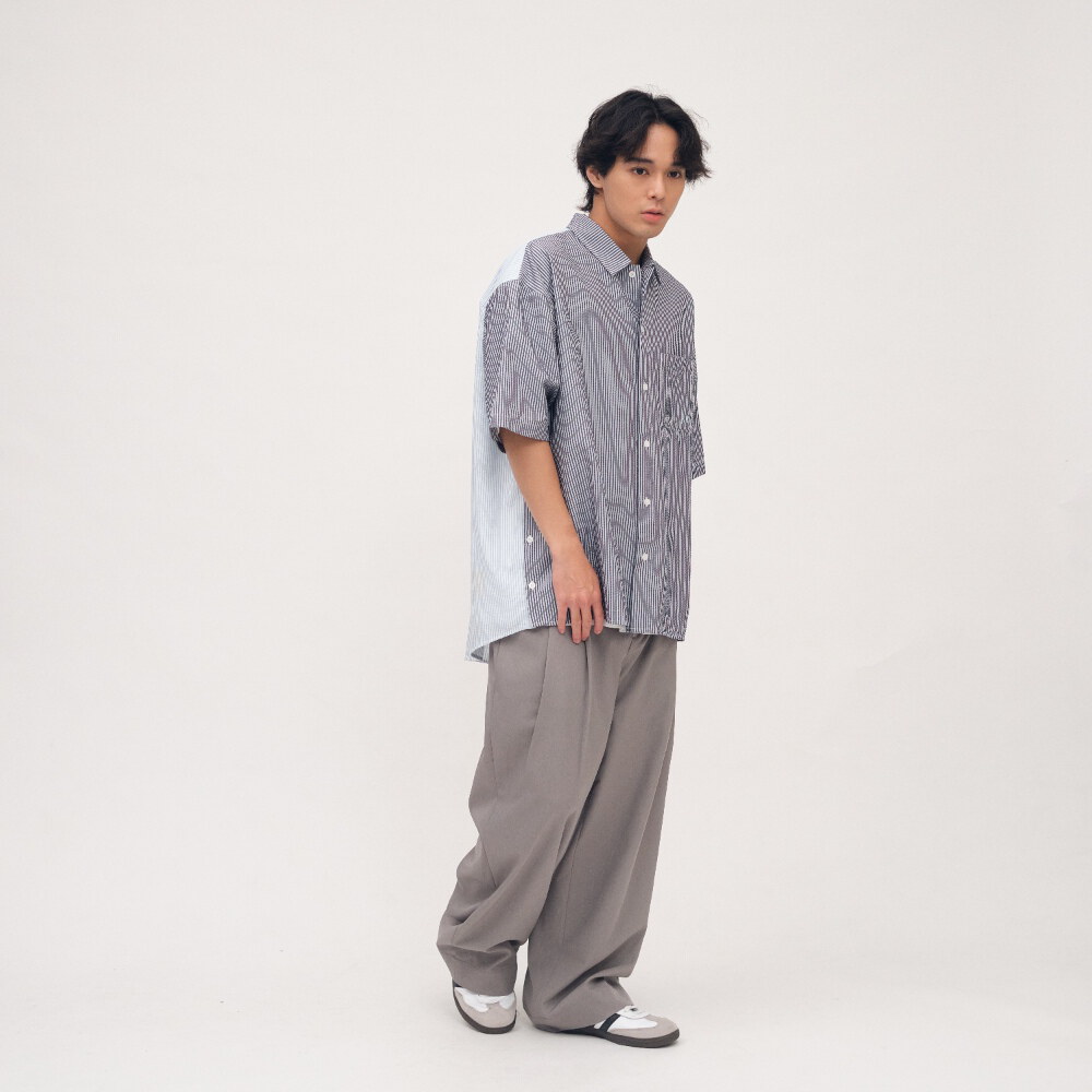 泡泡紗拼接條紋襯衫