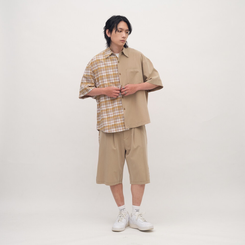 格紋拼接短袖襯衫