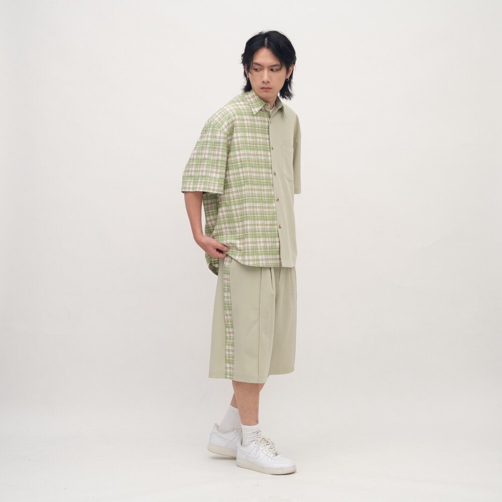格紋拼接短袖襯衫