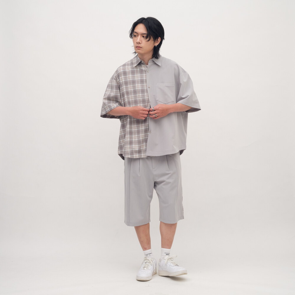 格紋拼接短袖襯衫