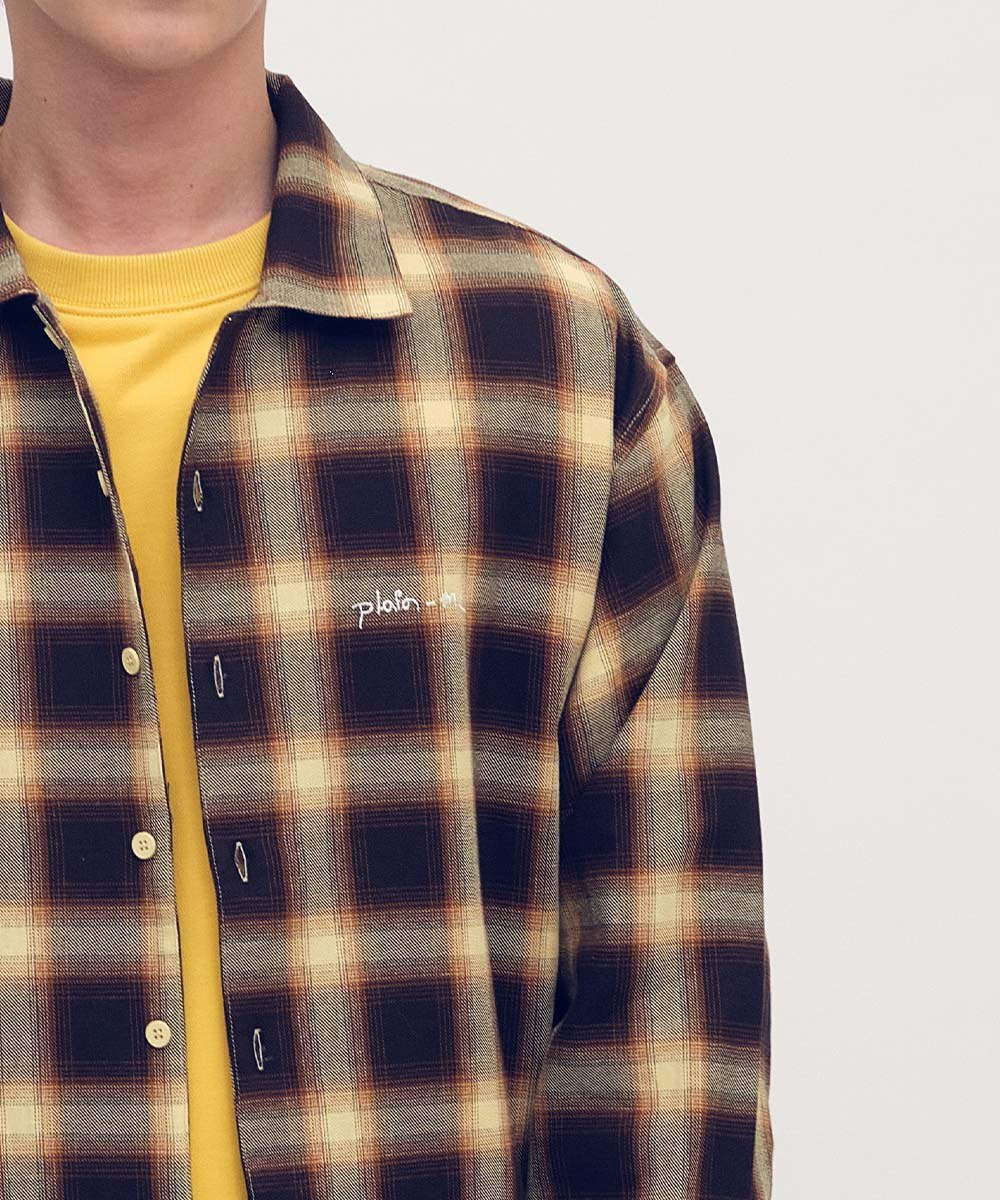 開領刺繡格紋長袖襯衫