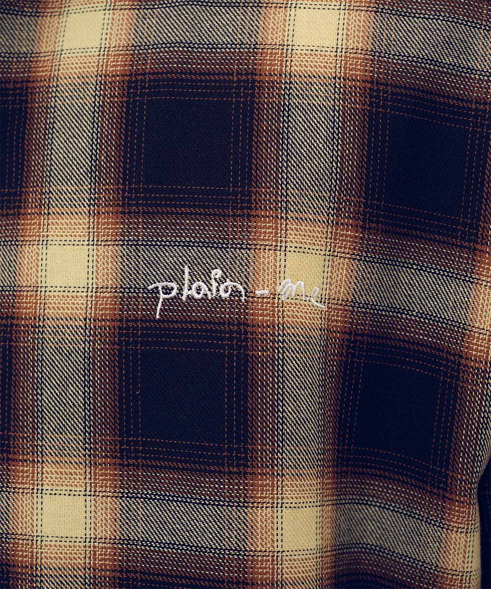 開領刺繡格紋長袖襯衫