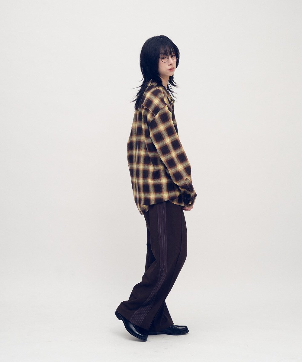 開領刺繡格紋長袖襯衫