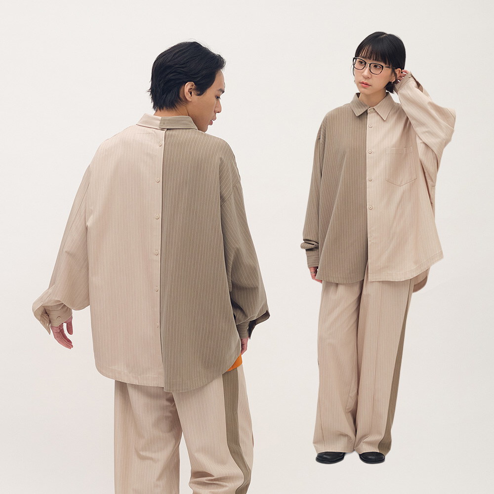 西料拼接條紋可拆襯衫