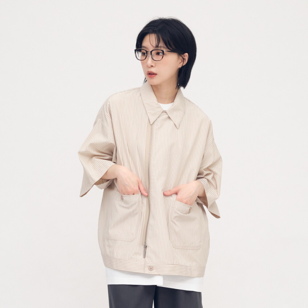 寬鬆條紋拉鍊襯衫