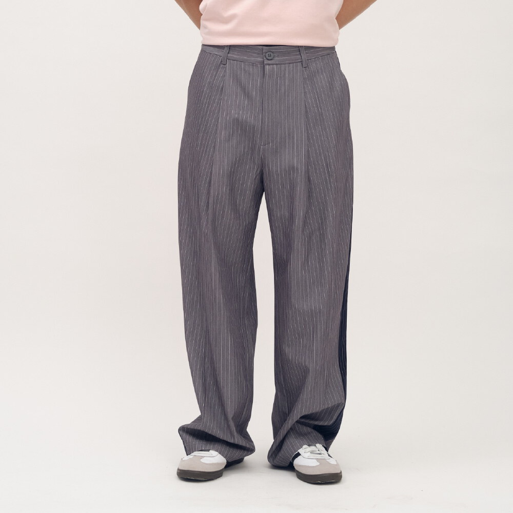 西料條紋拼接落地長褲