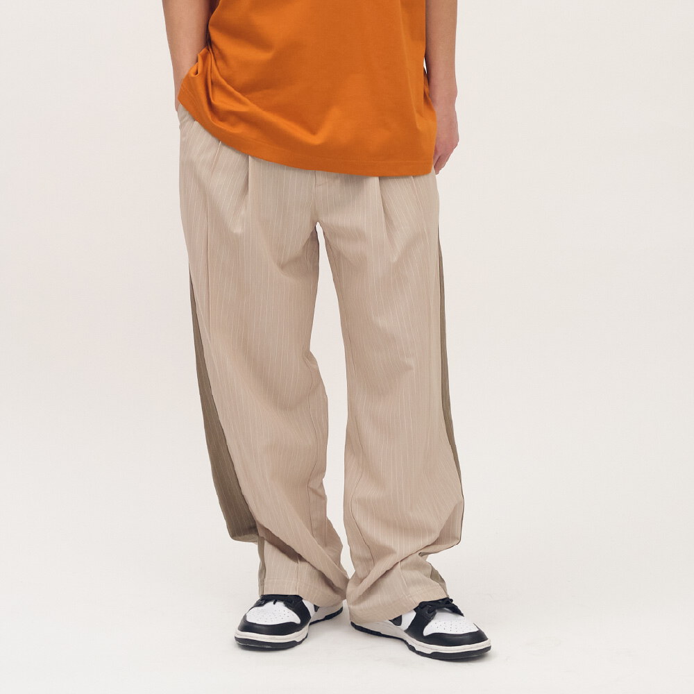 西料條紋拼接落地長褲