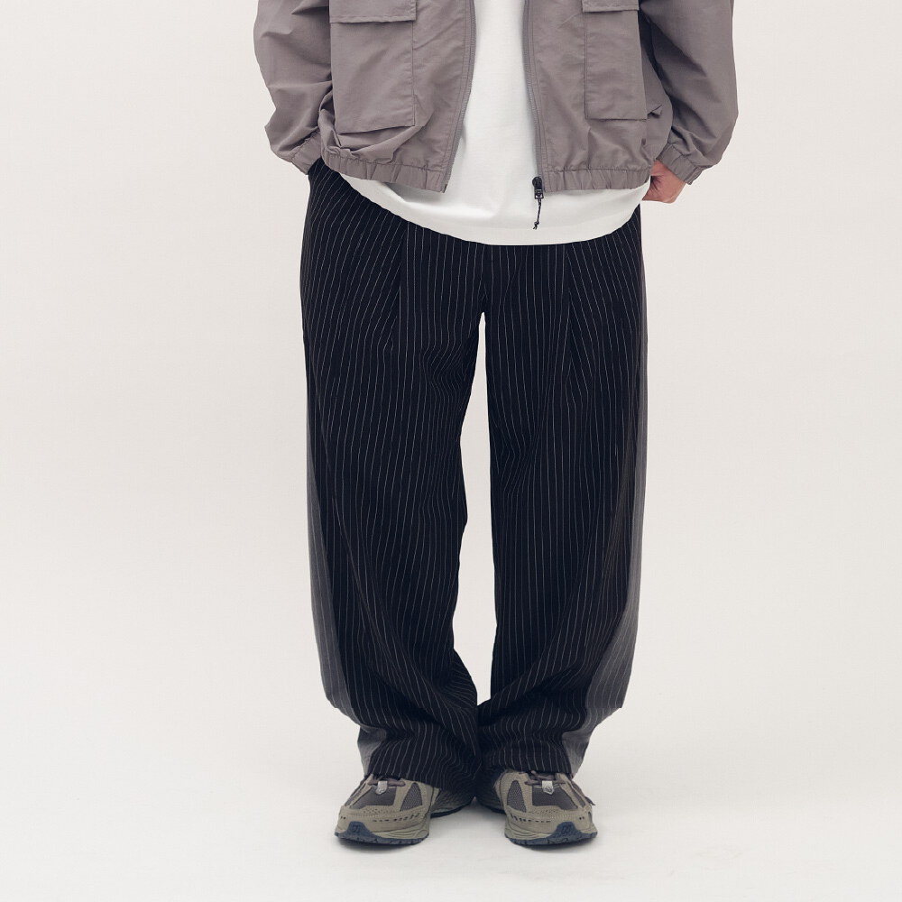 西料條紋拼接落地長褲