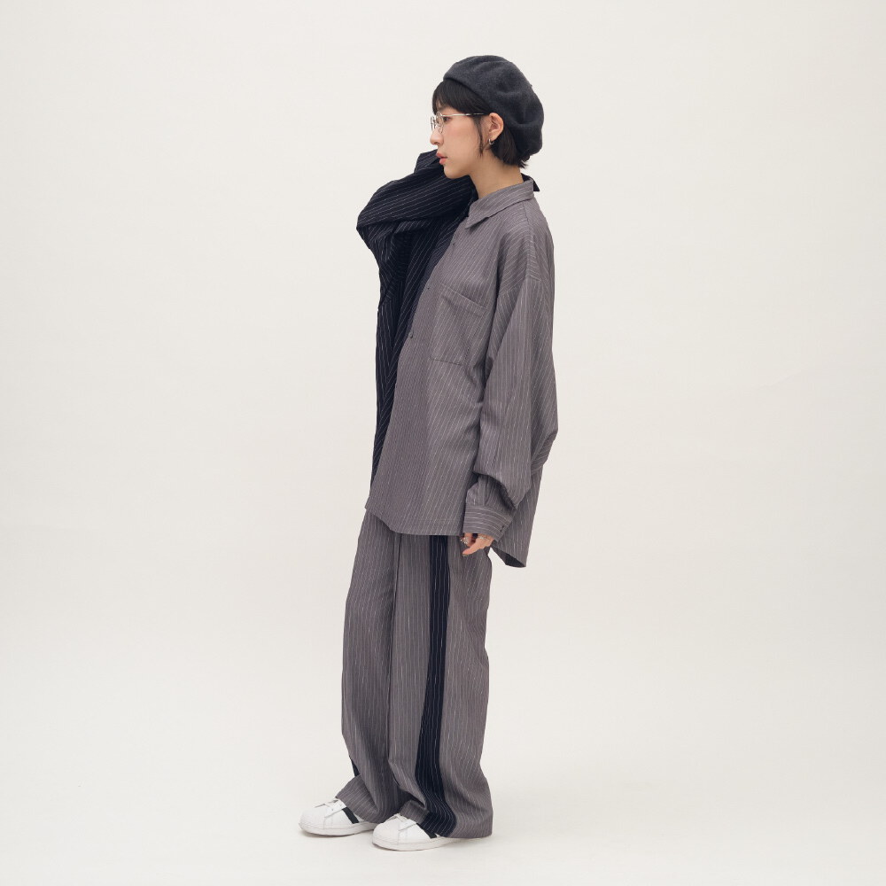 西料條紋拼接落地長褲