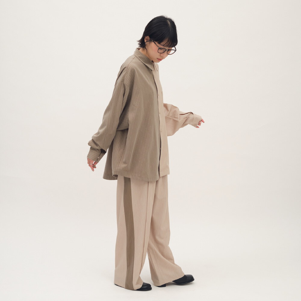 西料條紋拼接落地長褲