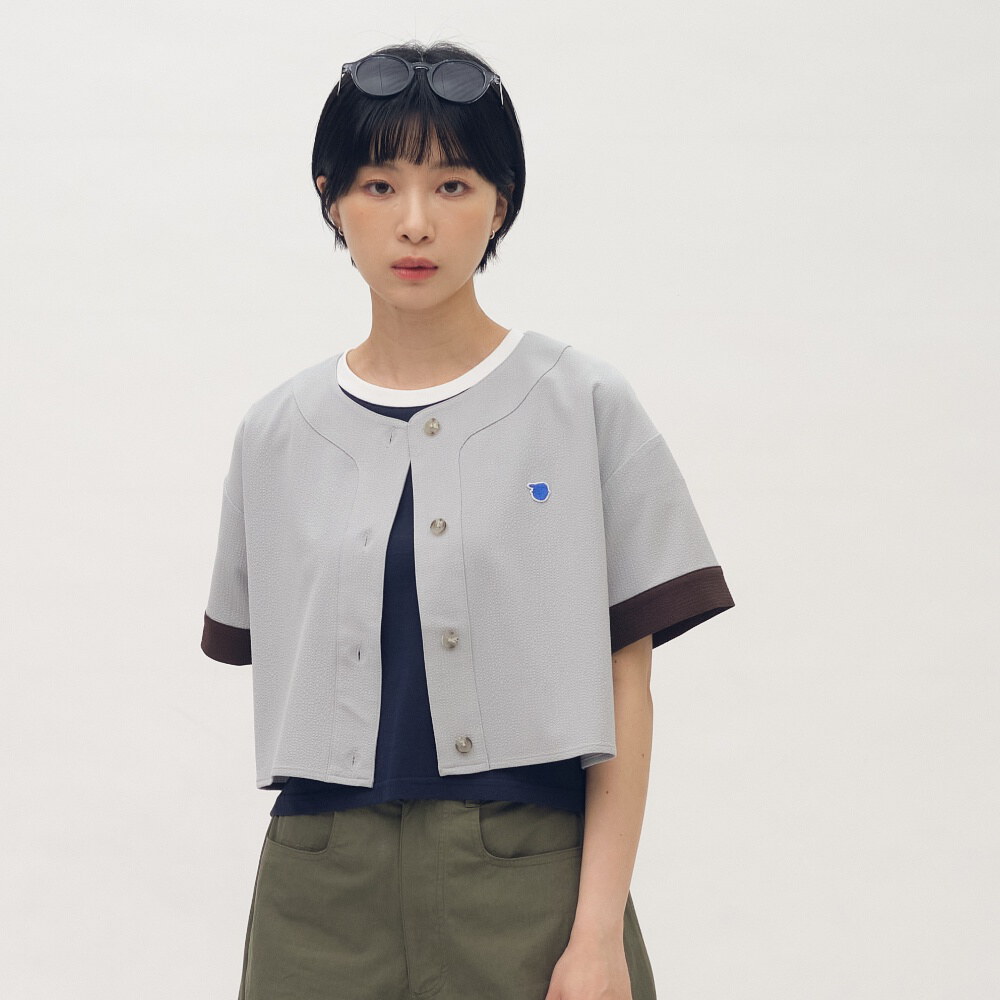 小P社長短版泡泡紗拼接棒球襯衫