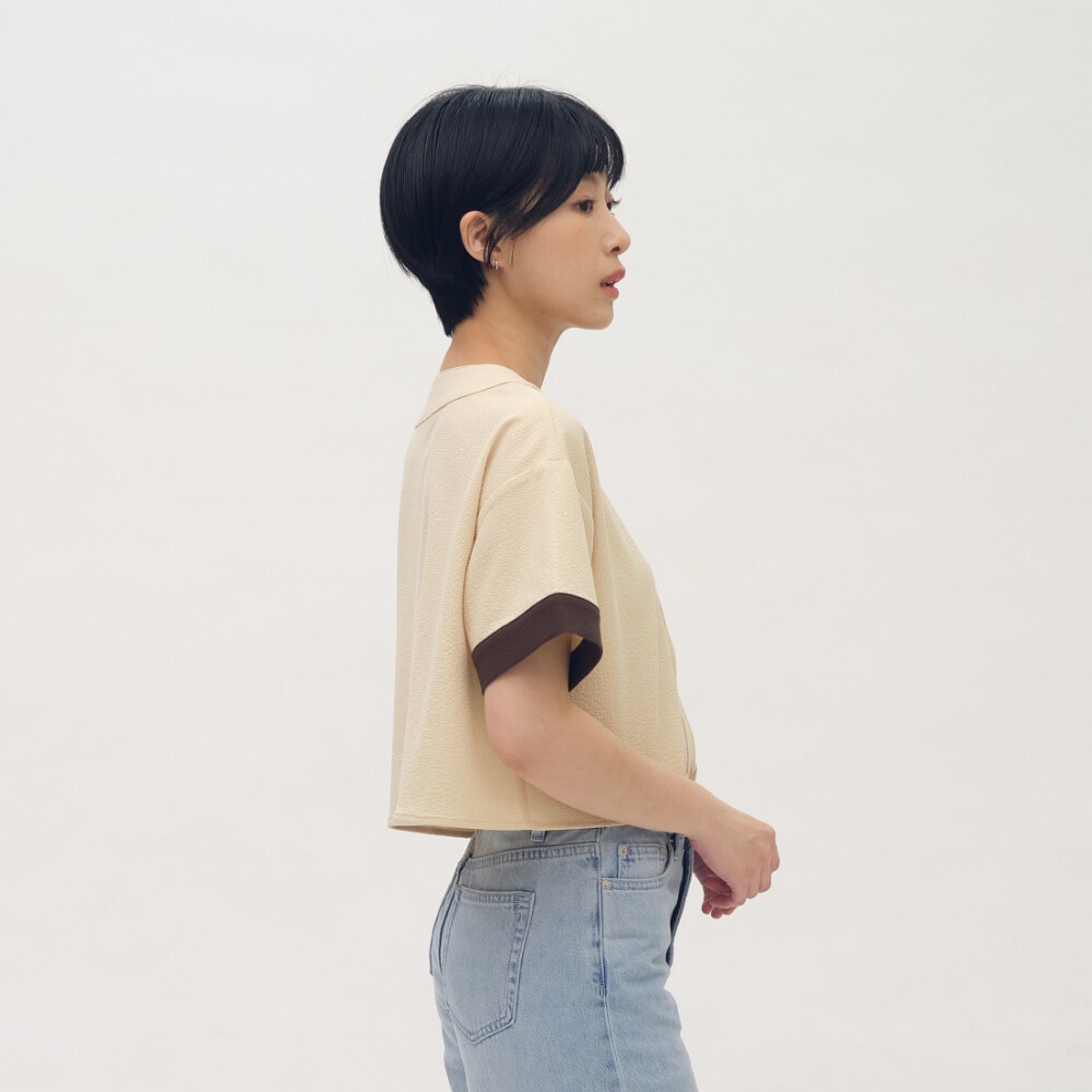 小P社長短版泡泡紗拼接棒球襯衫