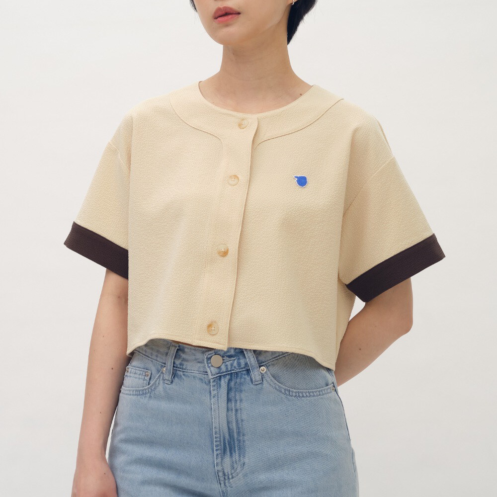 小P社長短版泡泡紗拼接棒球襯衫