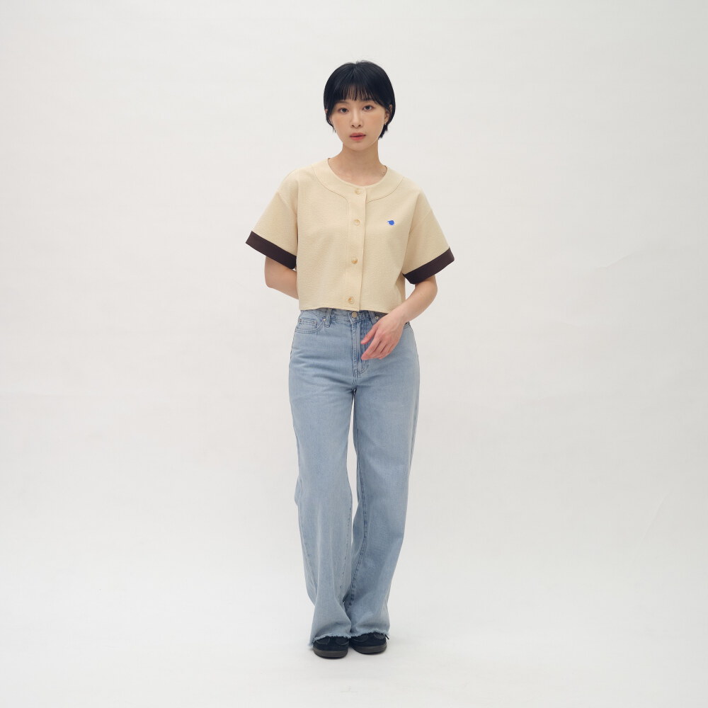 小P社長短版泡泡紗拼接棒球襯衫