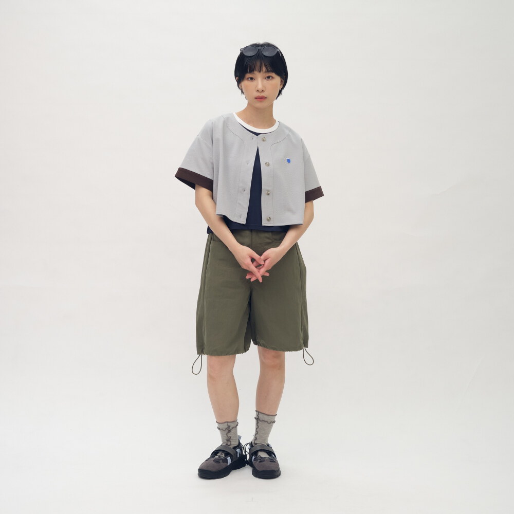 小P社長短版泡泡紗拼接棒球襯衫