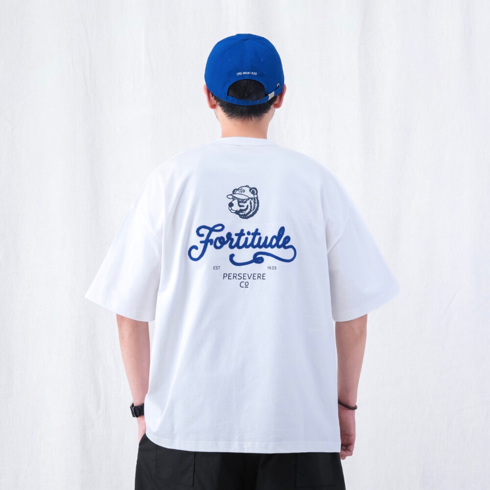 復古棕熊圖像T CHAIN-STITCH EMBROIDERED LETTERING T-SHIRT