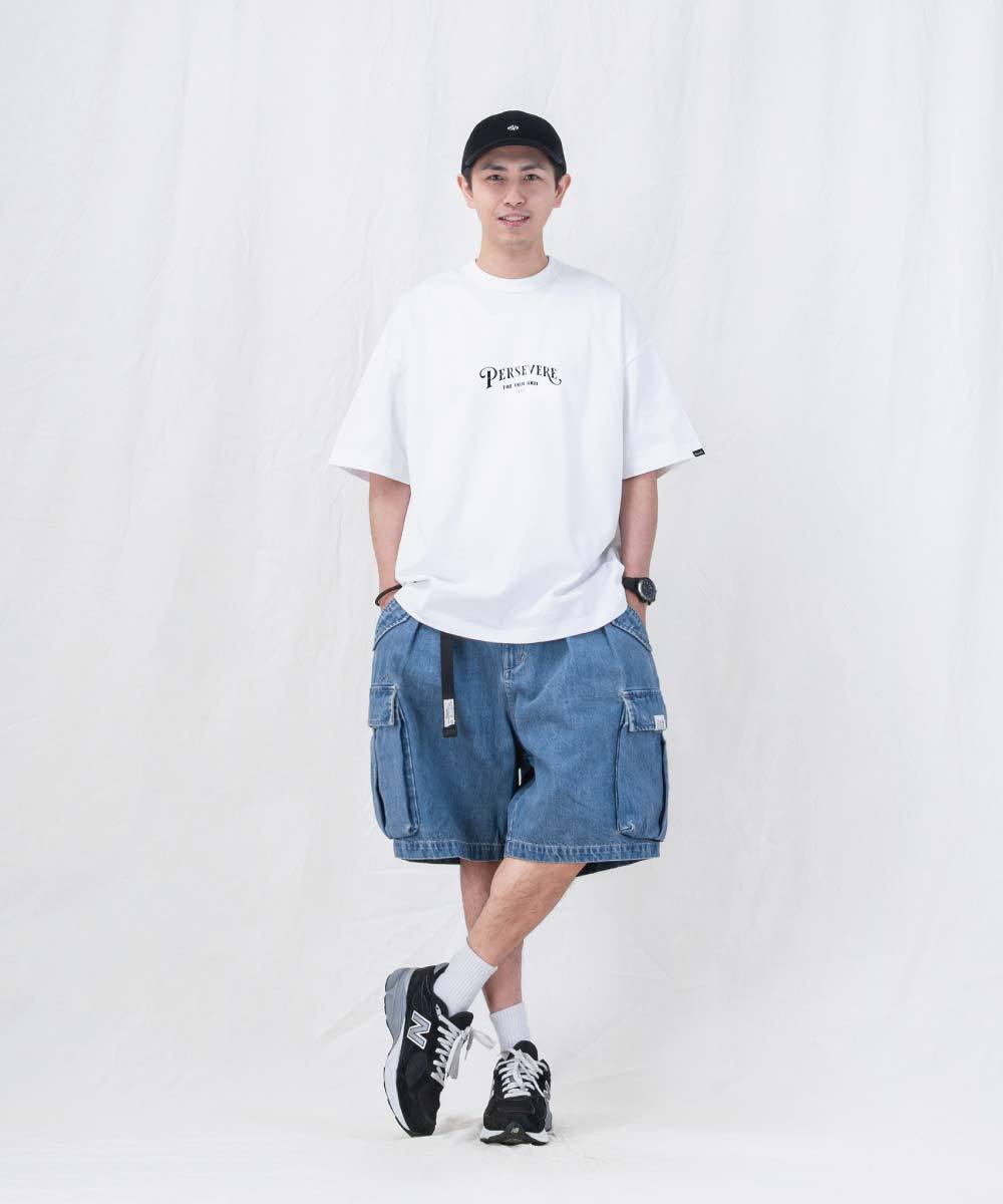水洗牛仔雙摺軍短褲 washed double-pleated cargo shorts