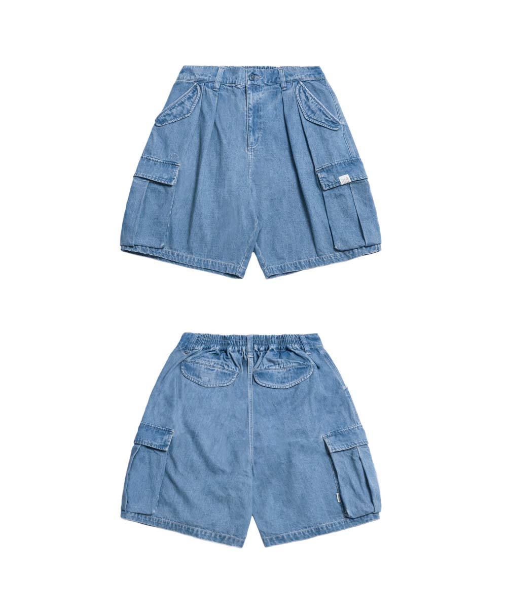 水洗牛仔雙摺軍短褲 washed double-pleated cargo shorts