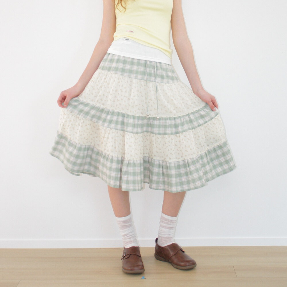拼接中長裙 FLORAL CHECK PATCHWORK MID SKIRT