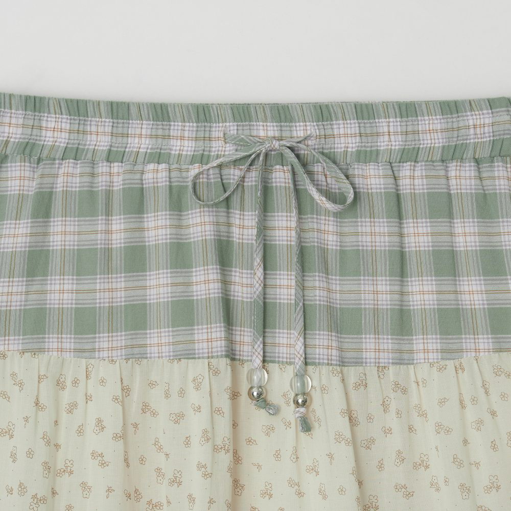 拼接中長裙 FLORAL CHECK PATCHWORK MID SKIRT