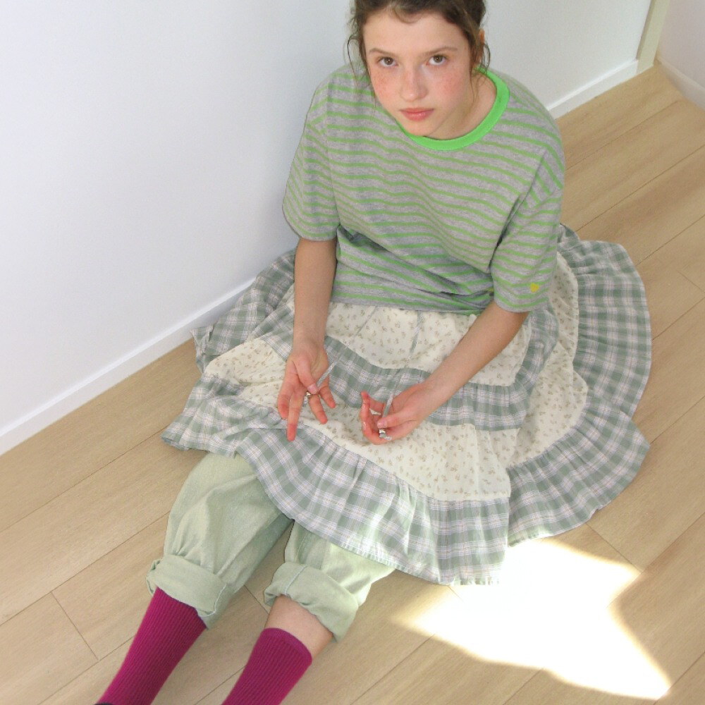 拼接中長裙 FLORAL CHECK PATCHWORK MID SKIRT