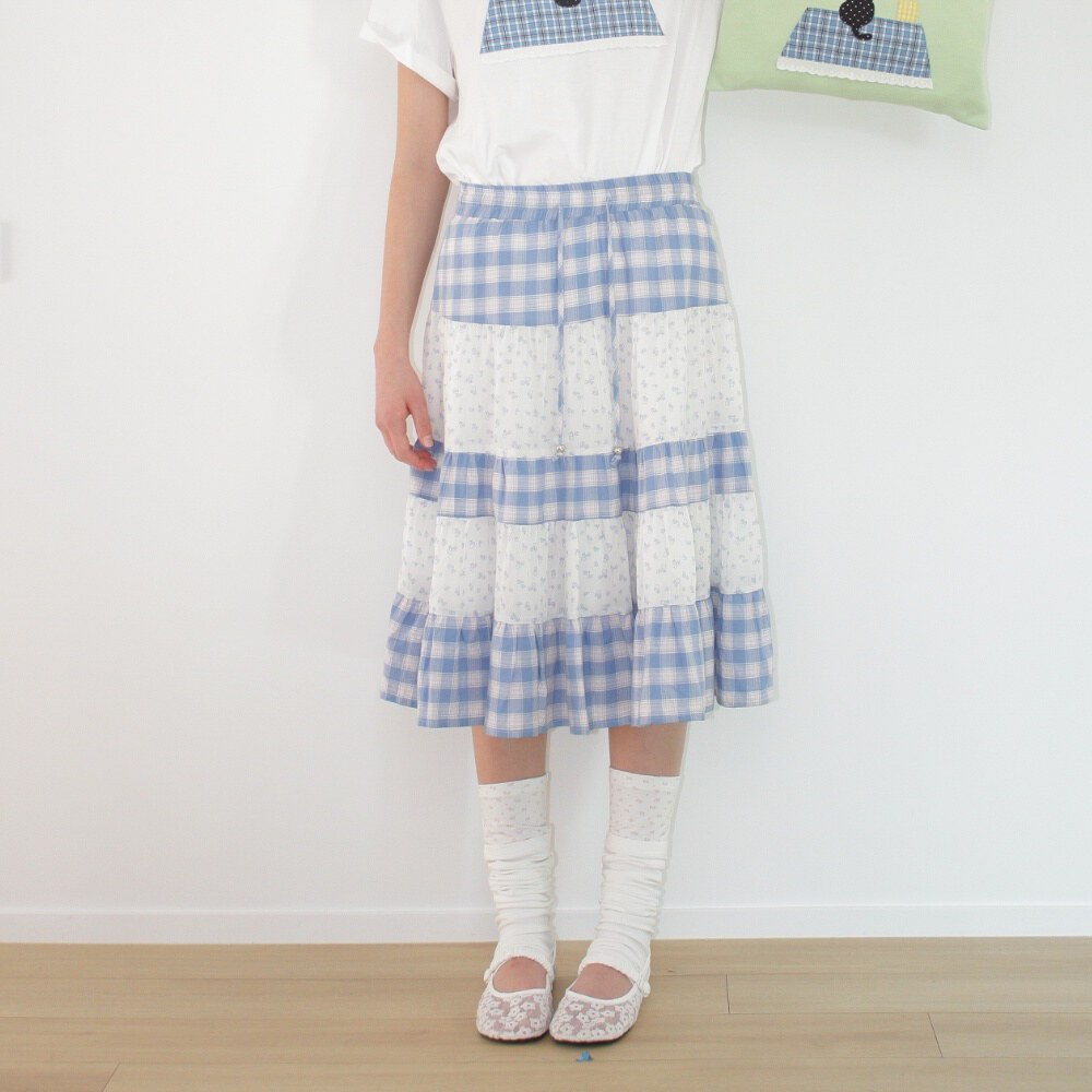 拼接中長裙 FLORAL CHECK PATCHWORK MID SKIRT