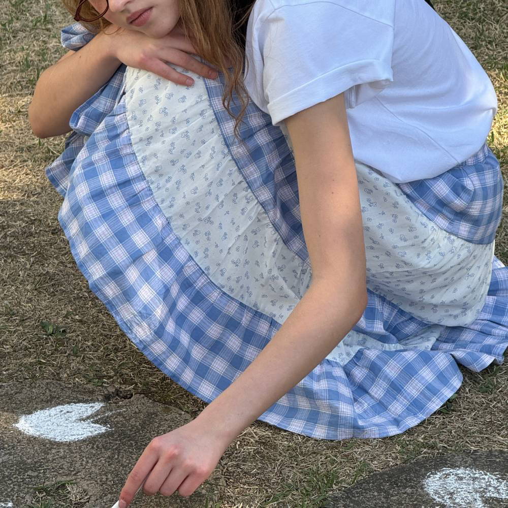拼接中長裙 FLORAL CHECK PATCHWORK MID SKIRT