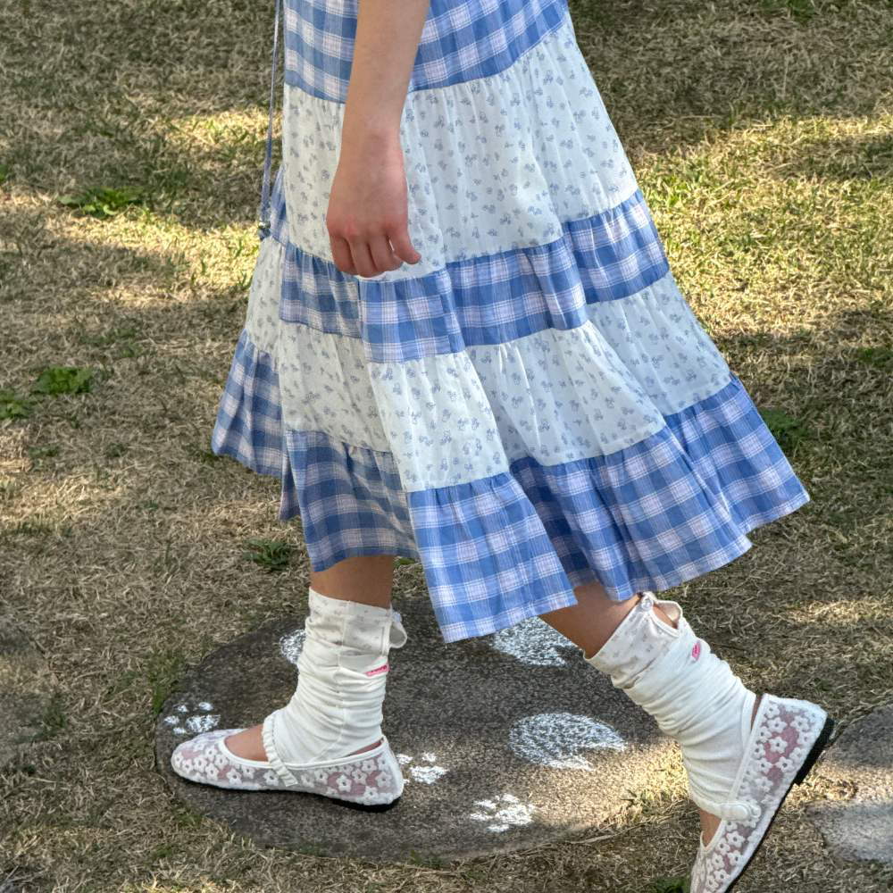 拼接中長裙 FLORAL CHECK PATCHWORK MID SKIRT