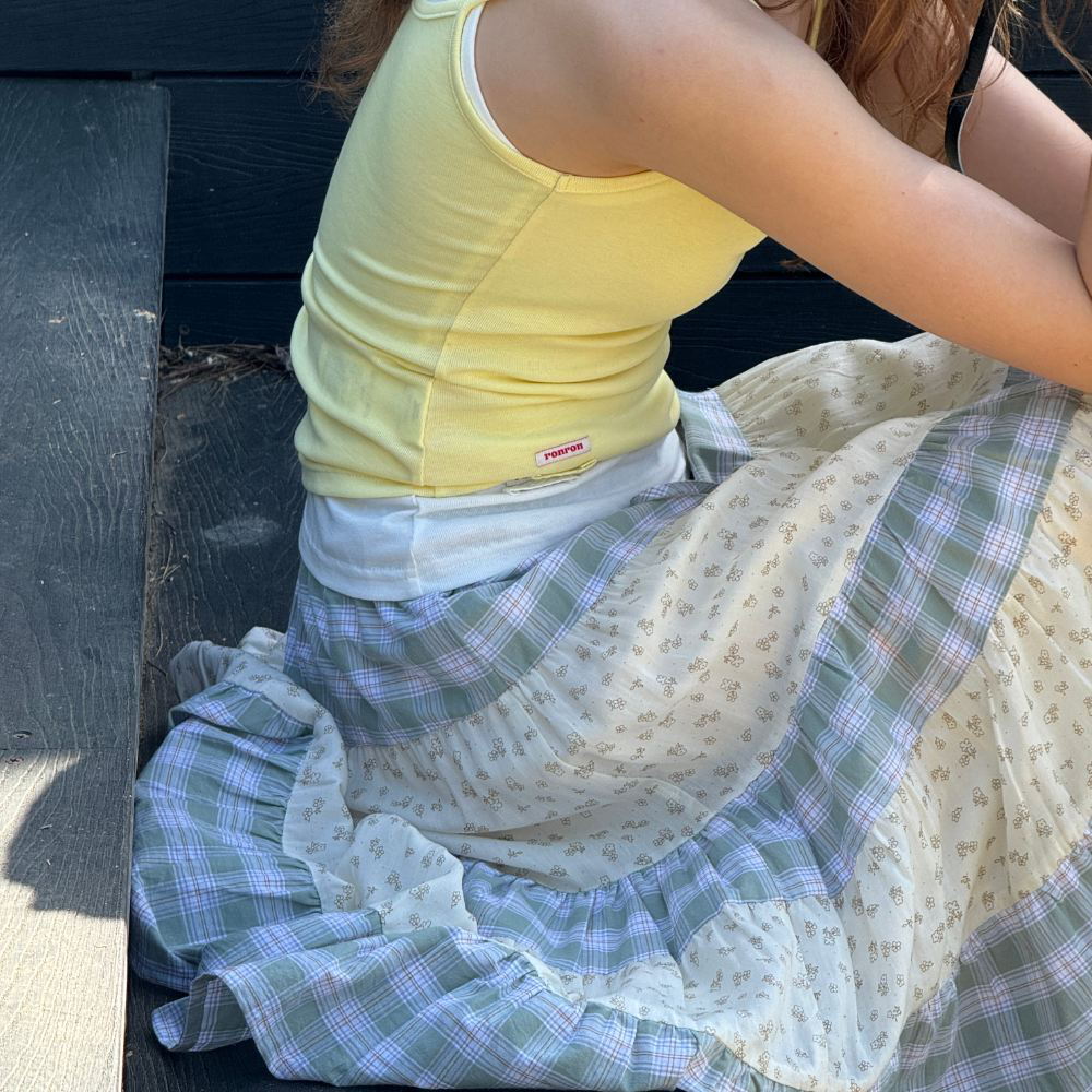 拼接中長裙 FLORAL CHECK PATCHWORK MID SKIRT