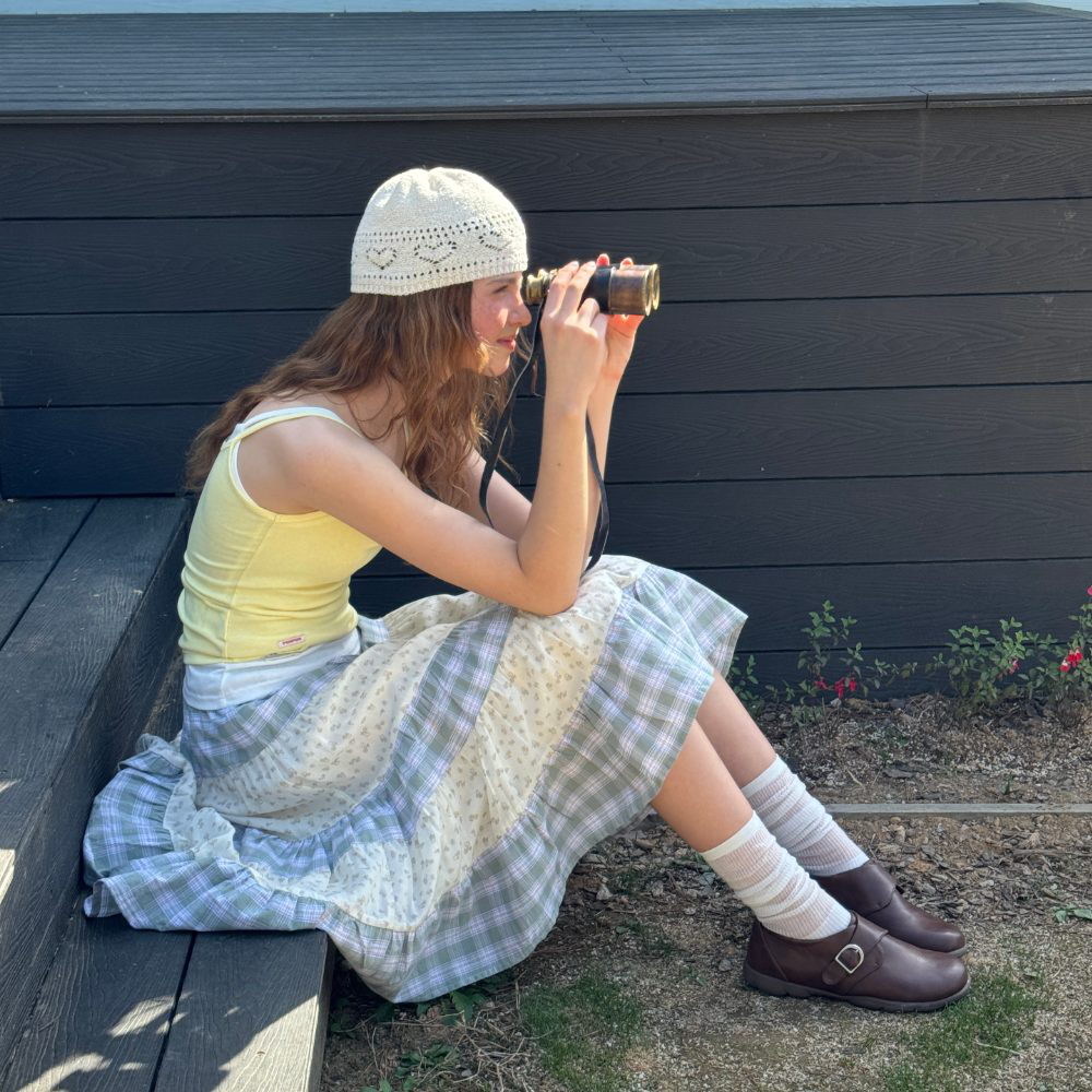 拼接中長裙 FLORAL CHECK PATCHWORK MID SKIRT