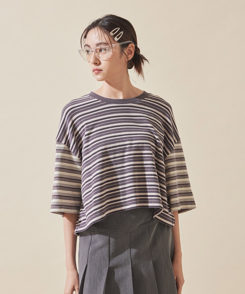 條紋拼接短版TEE