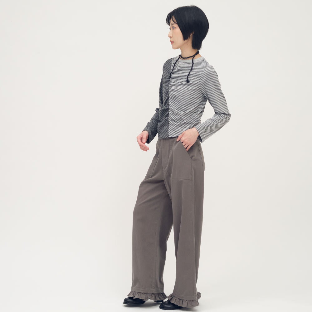 條紋拼接細褶上衣