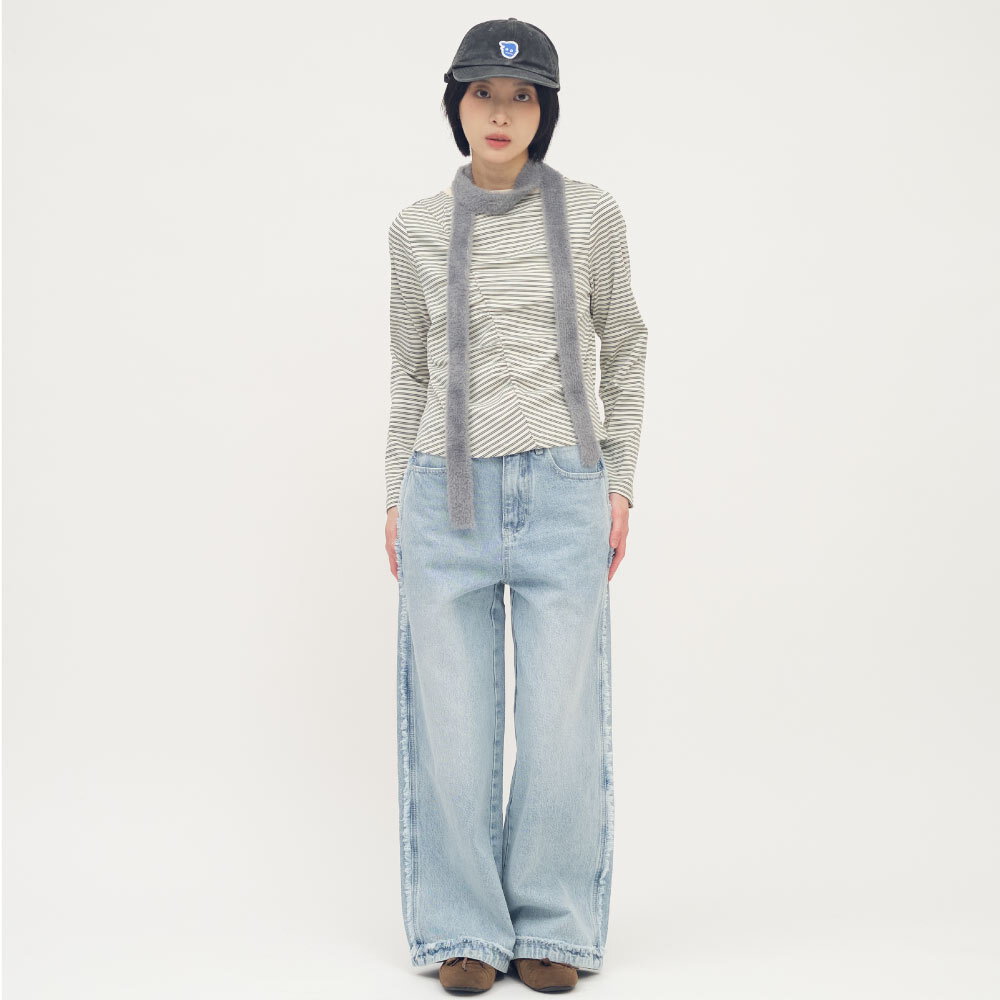 條紋拼接細褶上衣