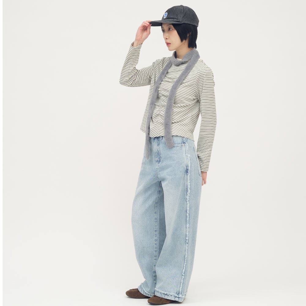 條紋拼接細褶上衣